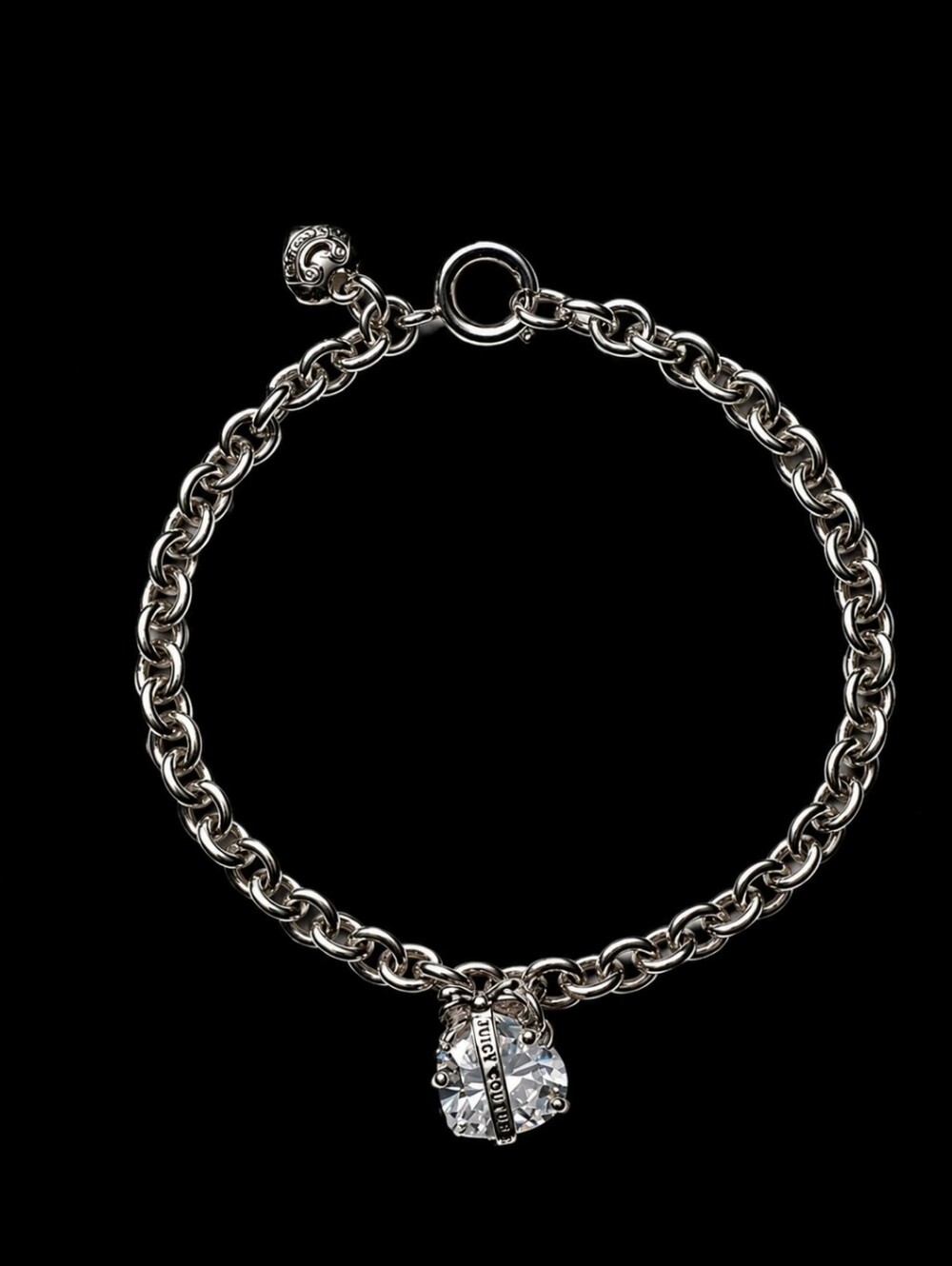 Juicy Couture Black Label Silver Plated Crystal Heart Bow Charm Bracelet 7.25"